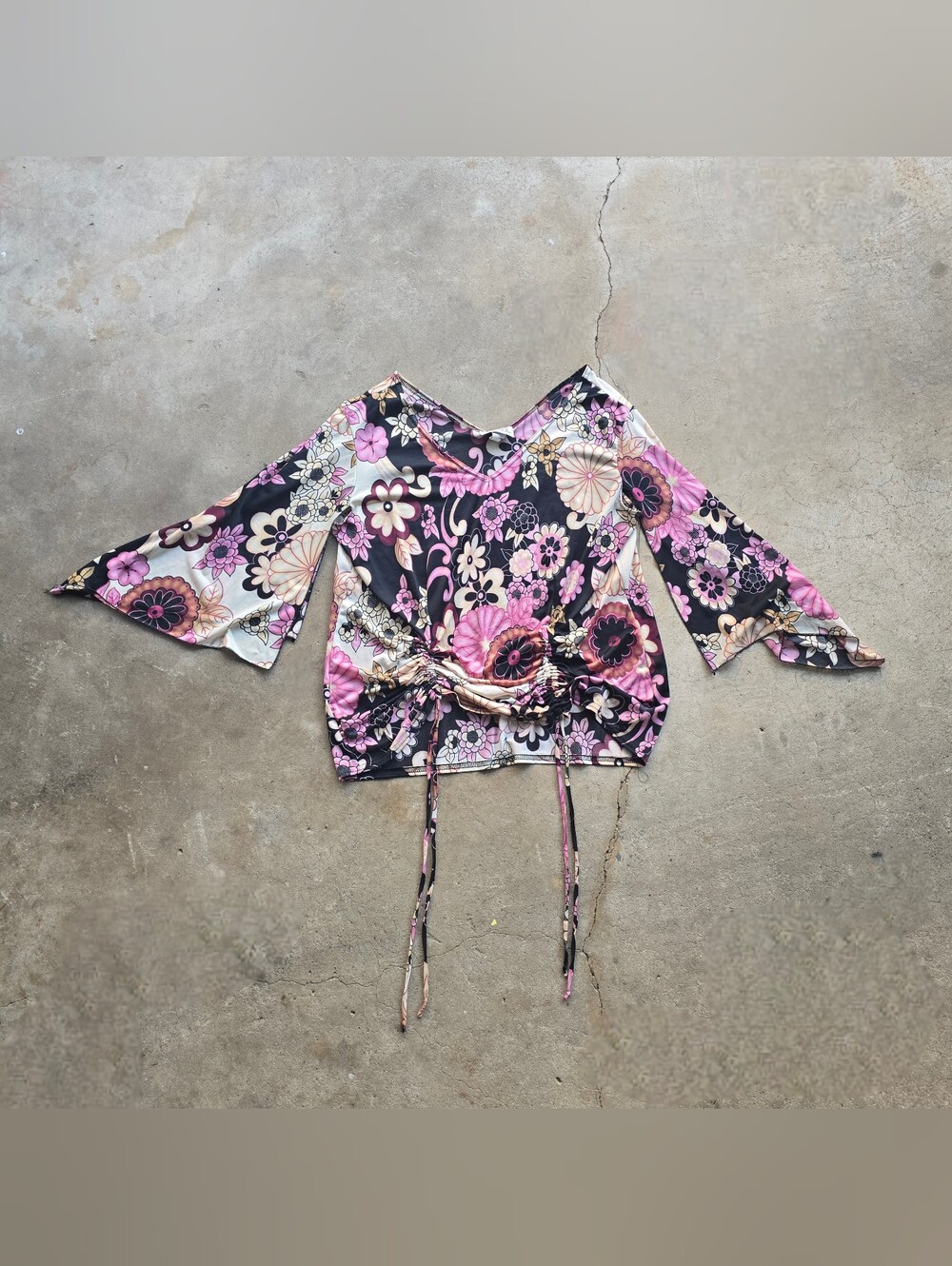 Vintage Y2K  Flower Power Angel Bell Sleeve Ruched Peasant Fairy Top 2x